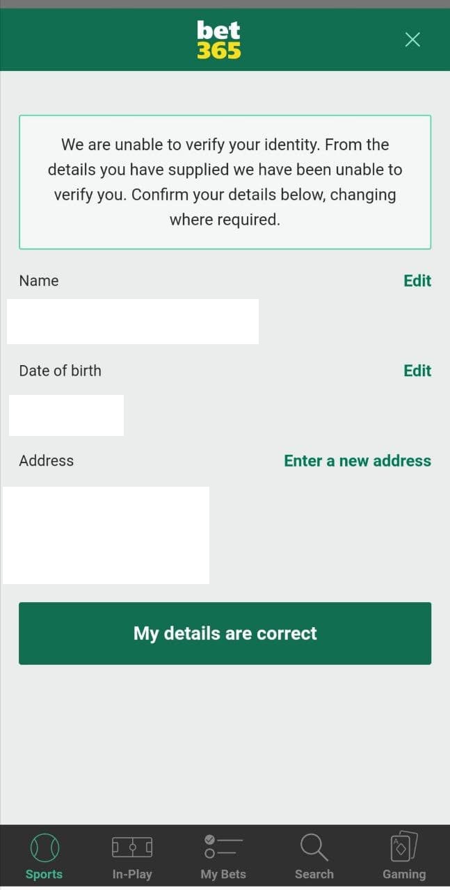 Проверка корректности введенных данных при регистрации в приложении БК Bet365 для Андроид