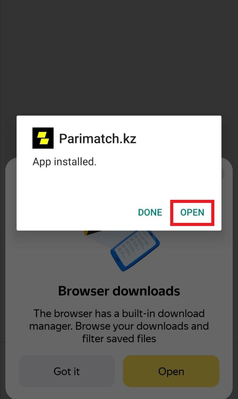Открыть установленное мобильное приложение БК Parimatch.kz для Андроид