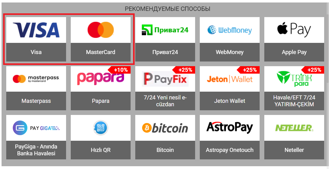 Выбор типа банковской карты при пополнении счета на сайте БК Betandyou