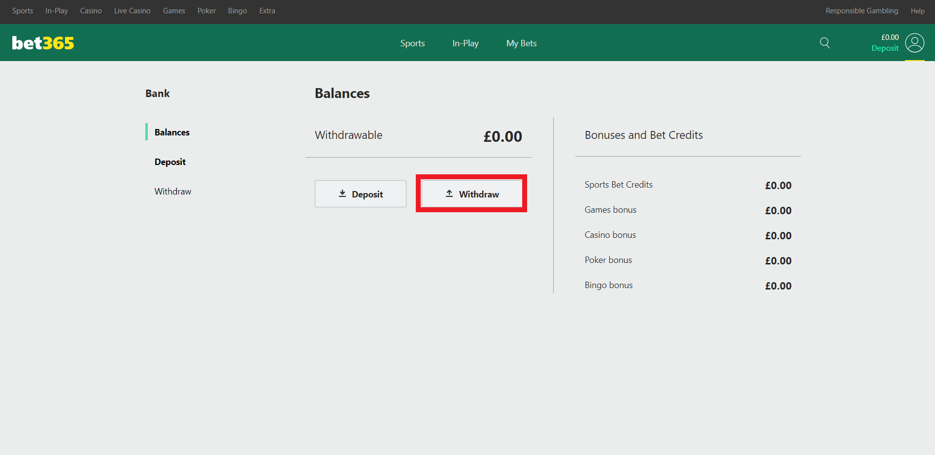 Кнопка вывода средств в разделе Bank на сайте БК Bet365
