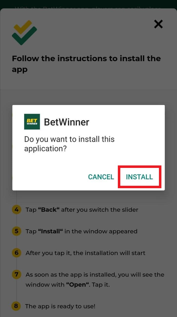 Кнопка установки apk файла приложения БК Betwinner для Андроид
