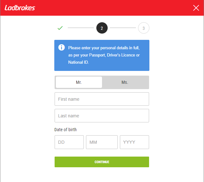 Второй этап регистрации на сайте БК Ladbrokes