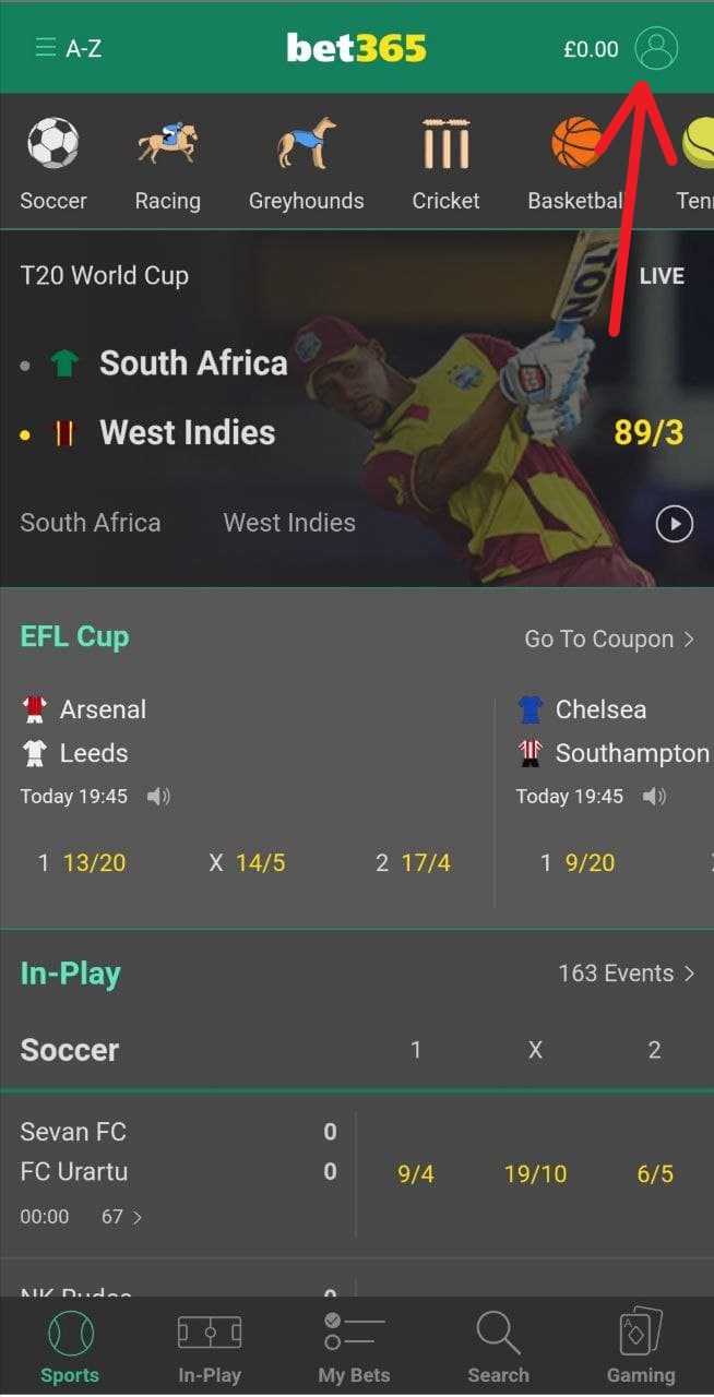 Переход в меню профиля в мобильном приложении БК Bet365 для Android