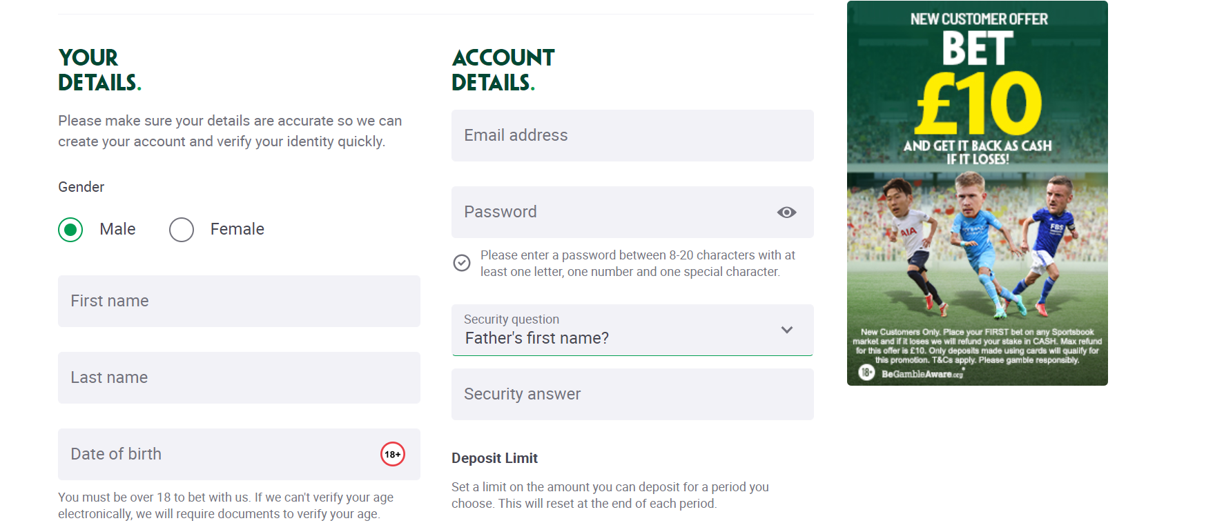 Начальная форма регистрации на сайте БК Paddy Power