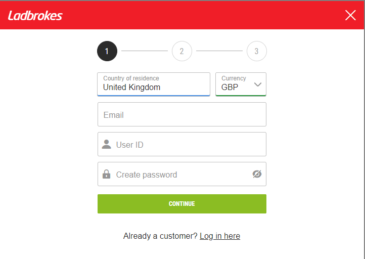 Начальный этап регистрации на сайте БК Ladbrokes