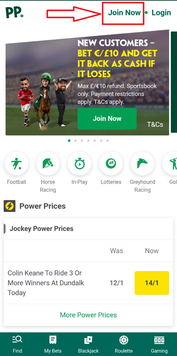 Кнопка регистрации в мобильном приложении БК Paddy Power для андроид