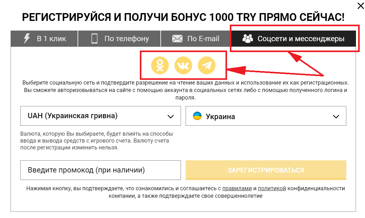 Опция регистрации через социальные сети на сайте БК Betandyou