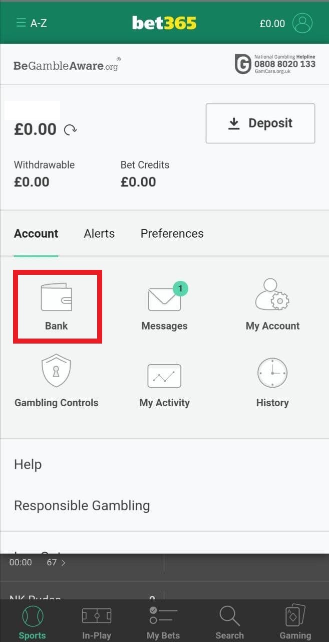 Опция «Bank» в меню личного профиля на сайте БК Bet365