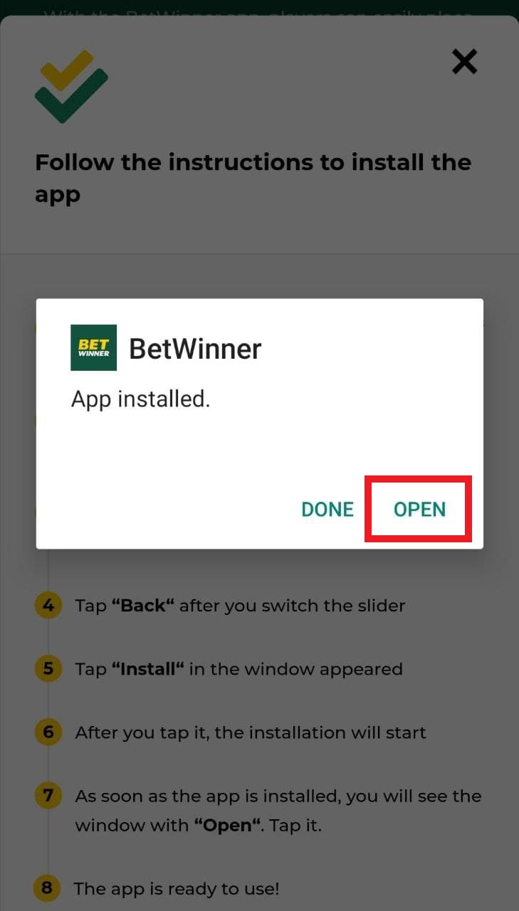 Кнопка открытия установленного приложения БК Betwinner для Андроид