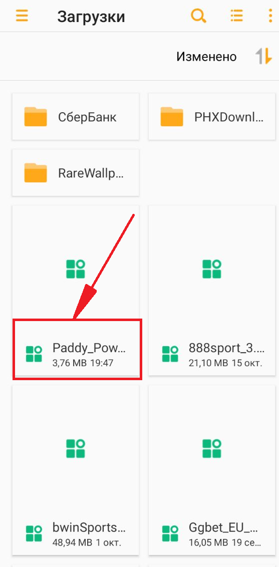 Apk файл приложения БК Paddy Power в списке загрузок на устройстве Андроид