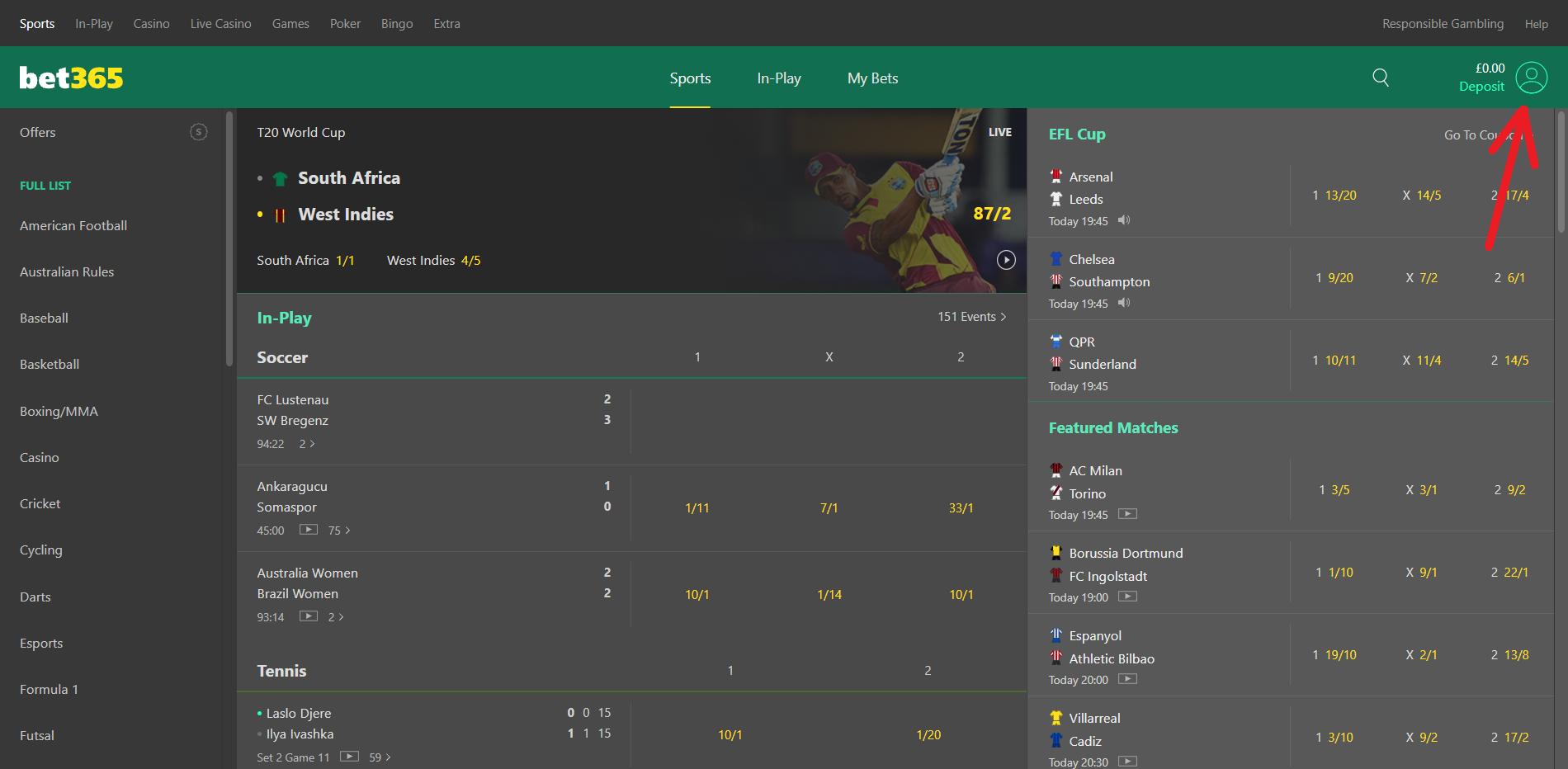 Открыть меню личного профиля на сайте БК Bet365