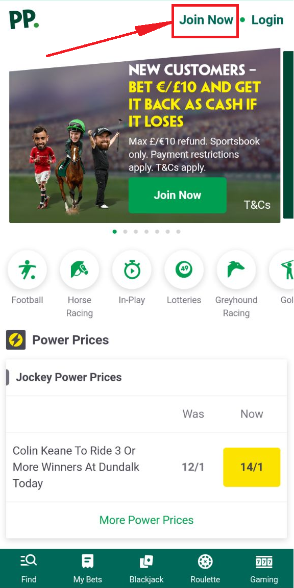 Кнопка регистрации в мобильном приложении БК Paddy Power для андроид