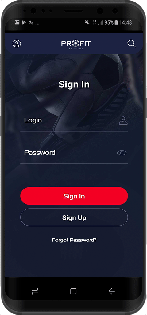 Авторизация в приложении БК Profit Betting для Андроид