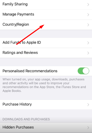 Опция смены региона в магазине приложений AppStore 