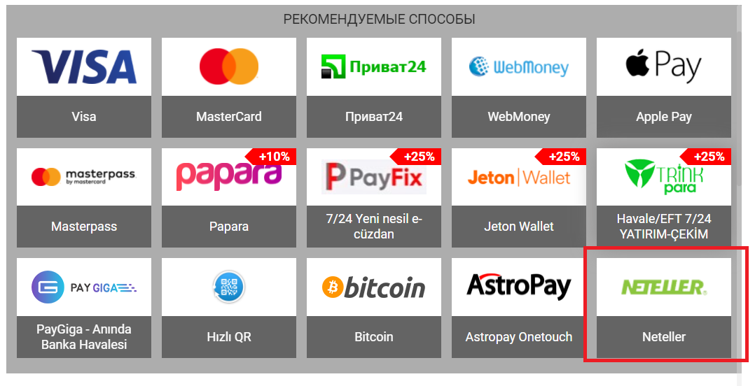 Выбор платежной системы Neteller при пополнении счета на сайте БК Betandyou