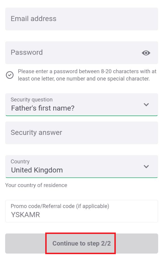 Начальный этап регистрации в мобильном приложении БК Paddy Power для андроид