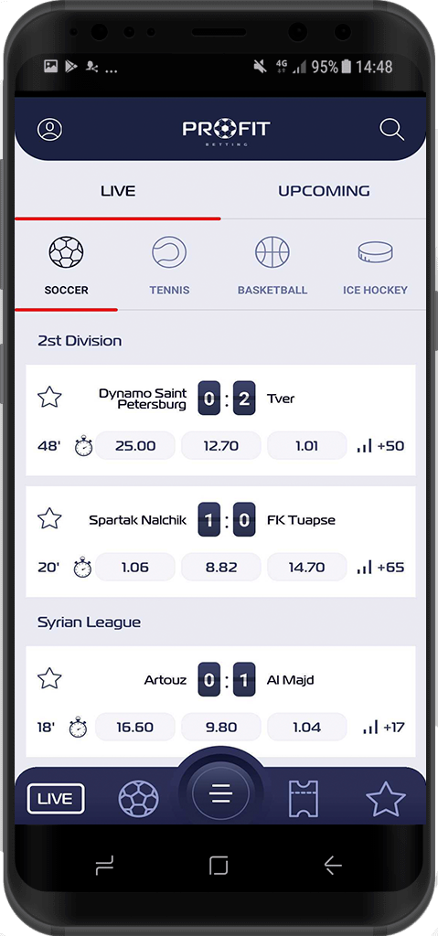 Главная страница в приложении БК Profit Betting для Андроид