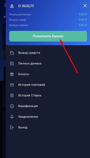 Опция пополнения баланса в мобильной версии сайта БК Vulkanbet
