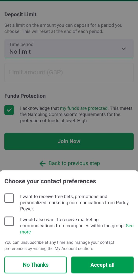 Подписка на рекламную рассылку после регистрации в мобильном приложении БК Paddy Power для андроид