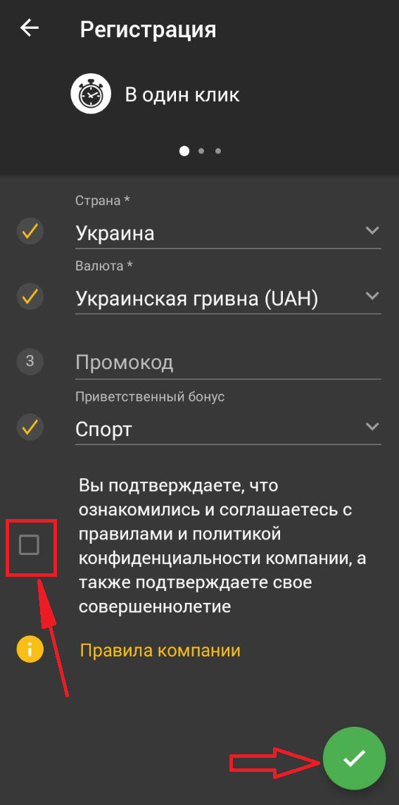 Согласие с правилами в форме регистрации в приложении Betandyou для Андроид