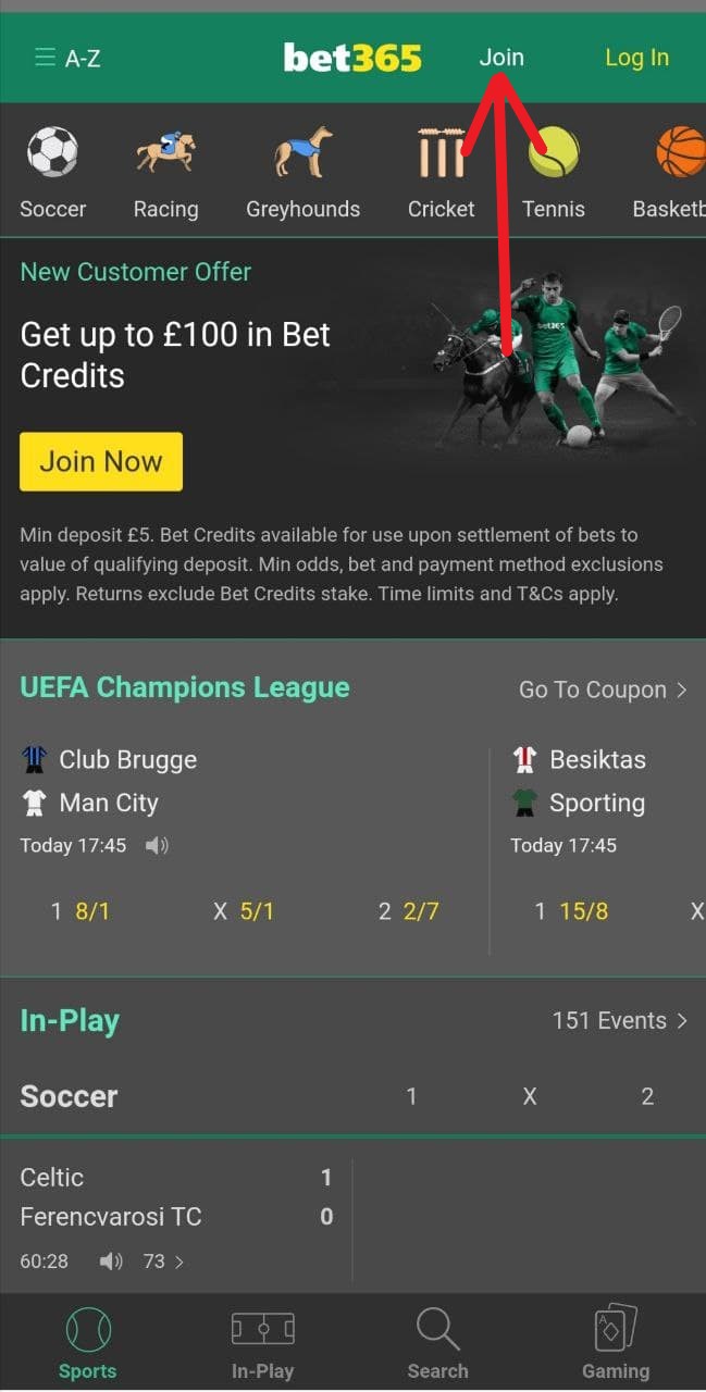 Кнопка регистрации в приложении БК Bet365 для Андроид