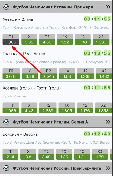 Выбор исхода для заключения пари в мобильной версии сайта БК FanSport