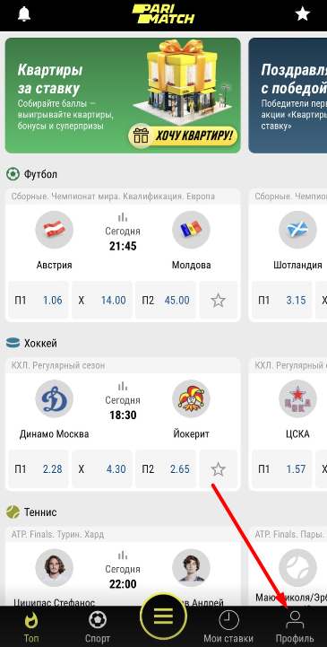 Иконка профиля в мобильном приложении БК Parimatch.kz для iOS