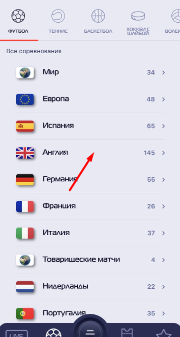 Выбор турнира и события для заключения пари в мобильном приложении БК Profit Betting для iOS