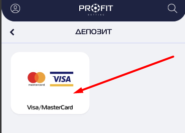 Выбор банковской карты для пополнения счета в мобильном приложении БК Profit Betting для iOS