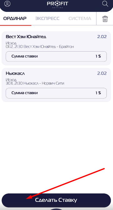 Кнопка Сделать ставку в купоне в мобильном приложении БК Profit Betting для iOS