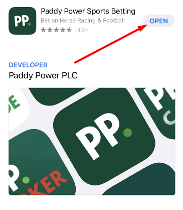 Открытие установленного мобильного приложения БК Paddy Power для iOS из магазина AppStore