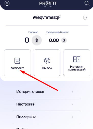 Кнопка пополнения баланса в мобильном приложении БК Profit Betting для iOS