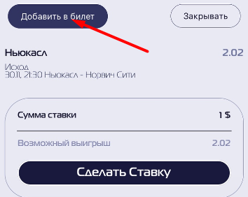 Добавление исхода в купон для заключения пари в мобильном приложении БК Profit Betting для iOS