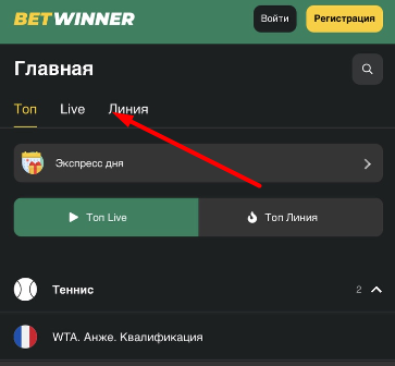 Переход в раздел Линия в мобильной версии сайта БК Betwinner