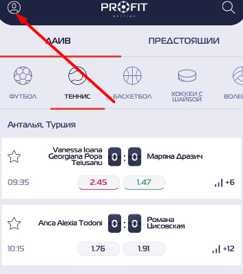 Открытие дополнительного меню в мобильном приложении БК Profit Betting для iOS