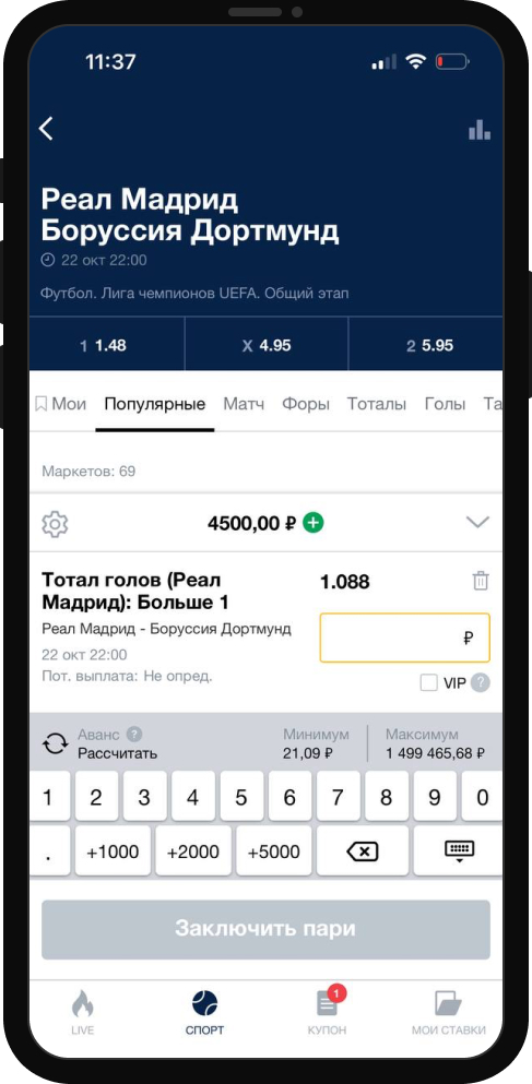 Заключение пари в БК Марафон