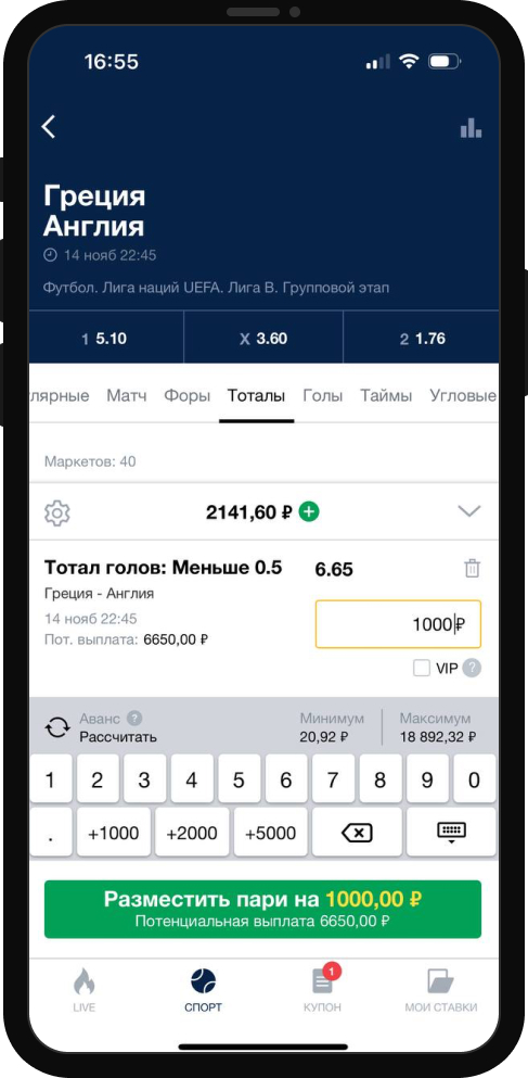Купон ставки в приложении БК Марафон