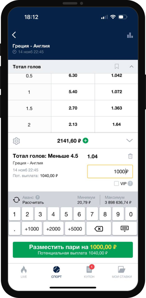 Купон ставки в мобильном приложении Марафон
