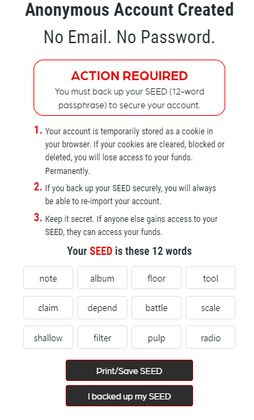 Выдача пароля из 12 слов при создании аккаунта Wagerr