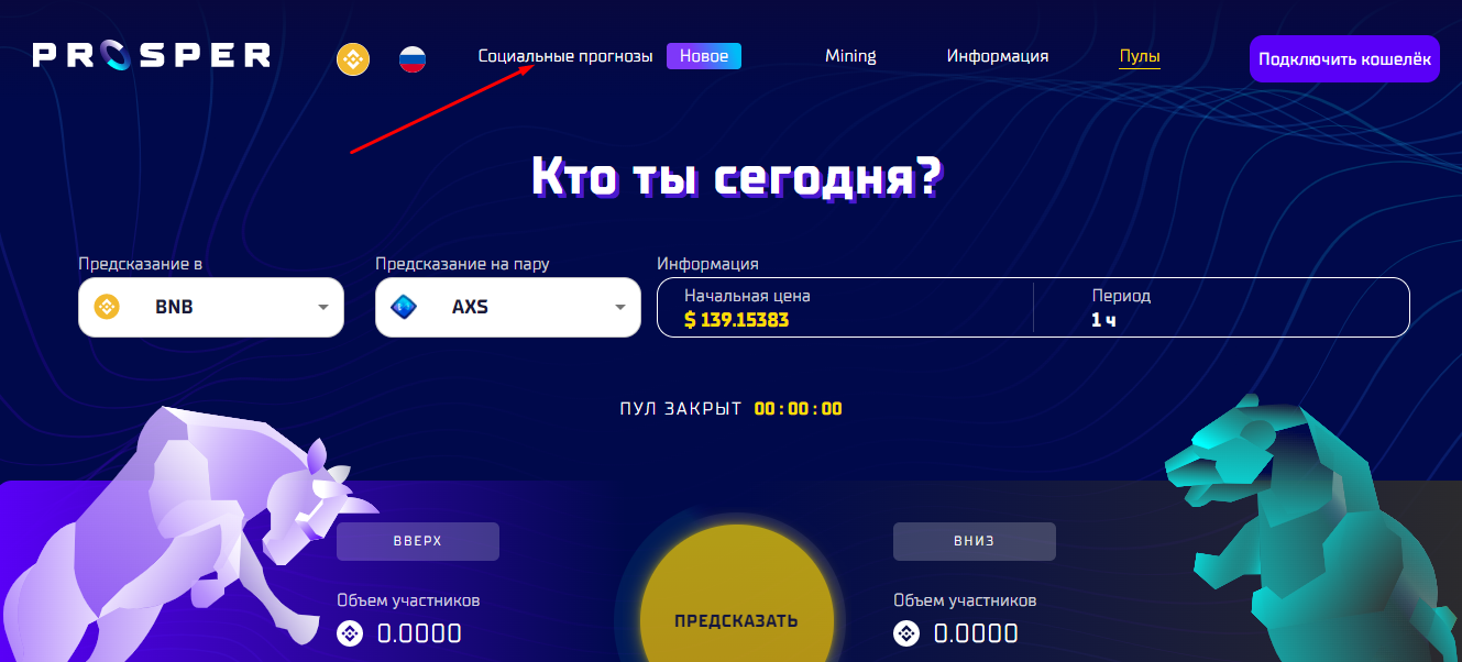 Переход в раздел «Социальные прогнозы» на сайте платформы Prosper