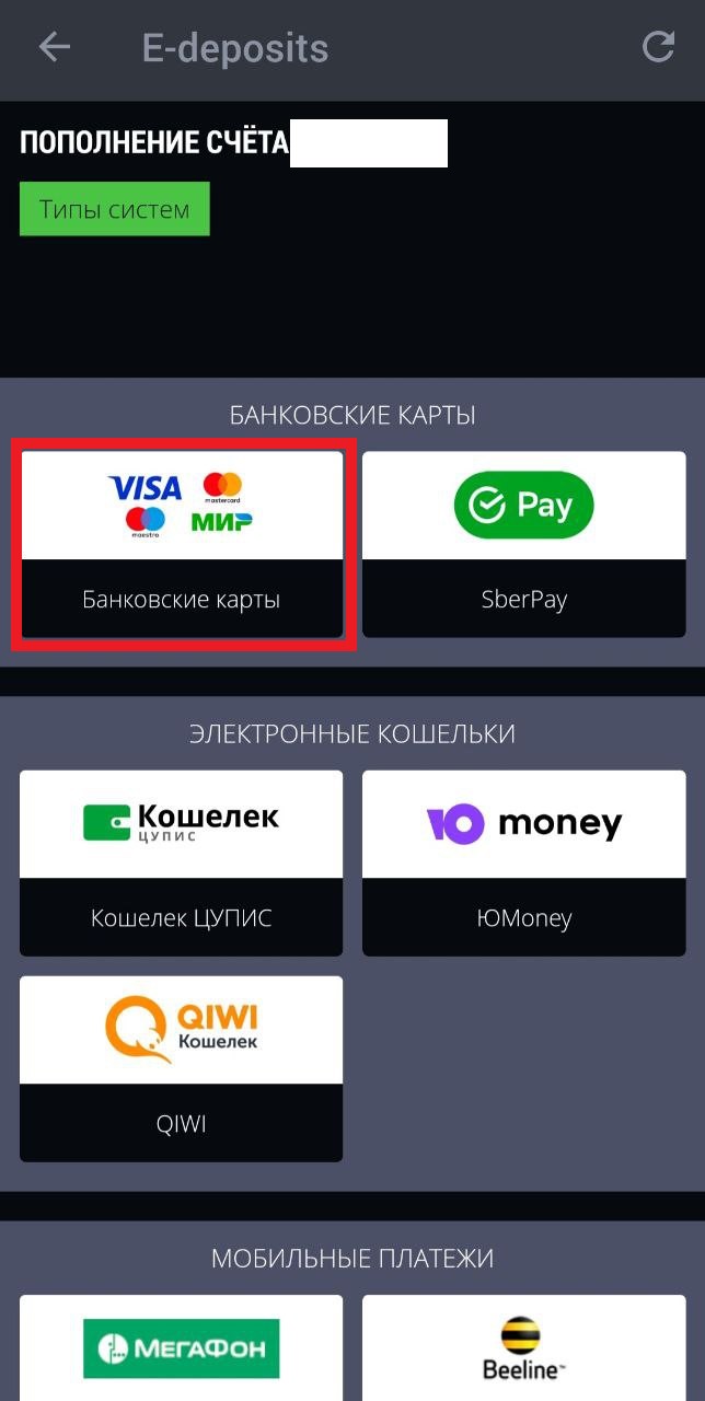 Выбор метода пополнения счета в приложении БК Astrabet для Андроид
