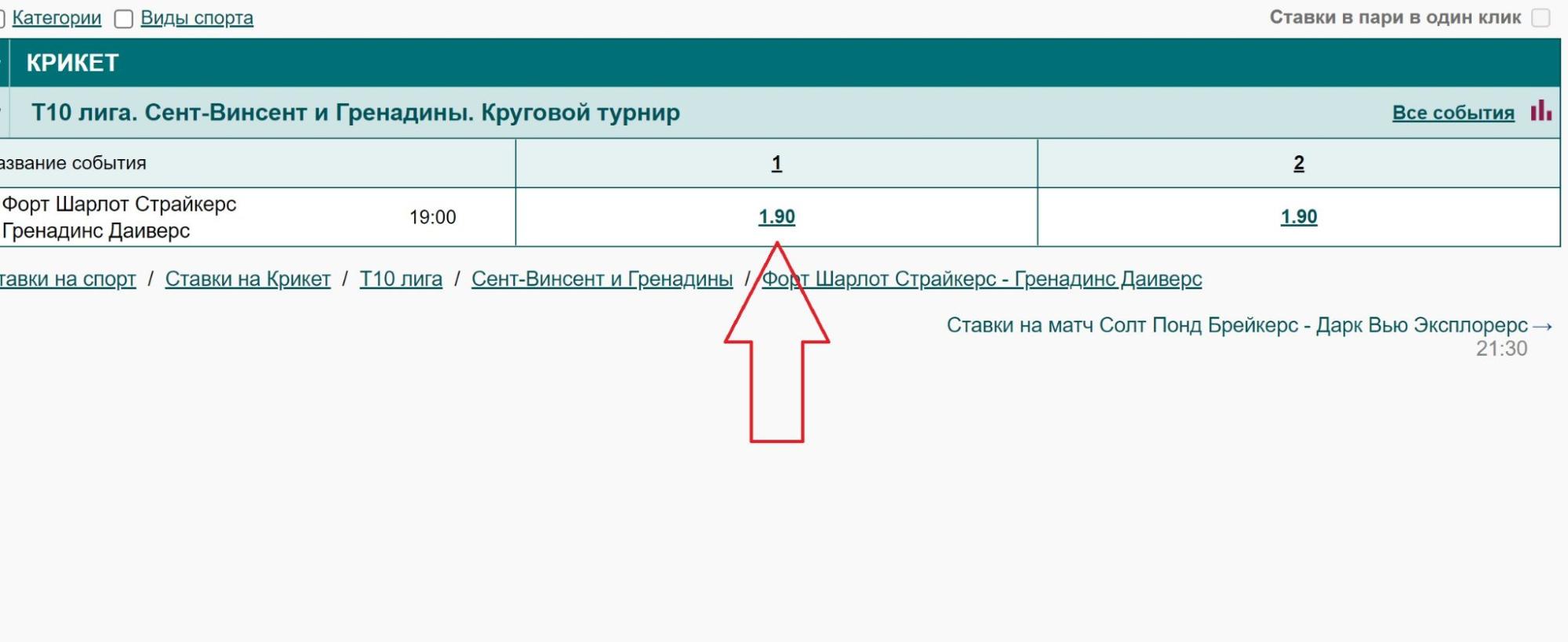 Выбор исхода для заключения пари на сайте БК Марафон