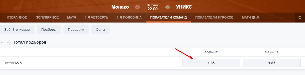 Пример ставки на тотал подборов (65.5) больше в матче Евролиги «Монако» – «УНИКС»
