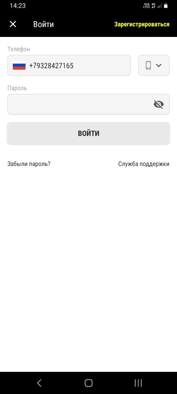 Форма авторизации в мобильном приложении БК Parimatch