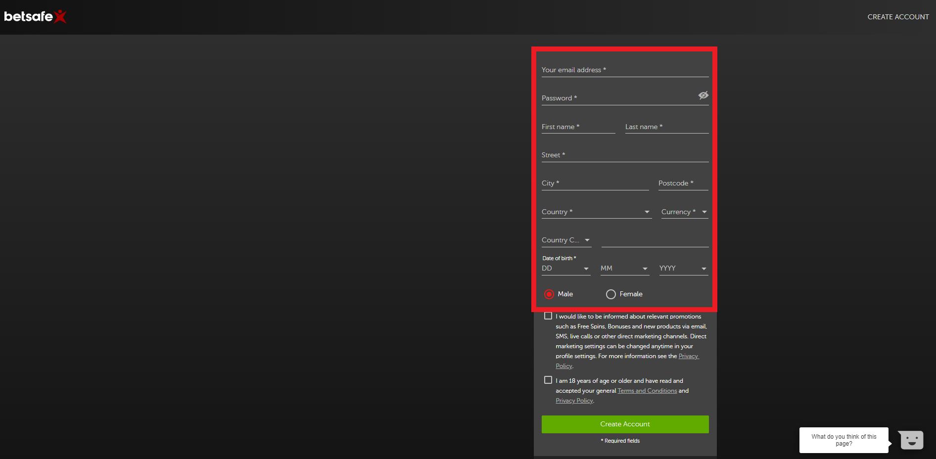 Форма регистрации на сайте БК Betsafe