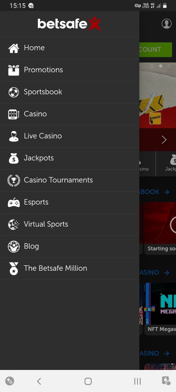 Меню и функционал в мобильном приложении БК Betsafe для Андроид