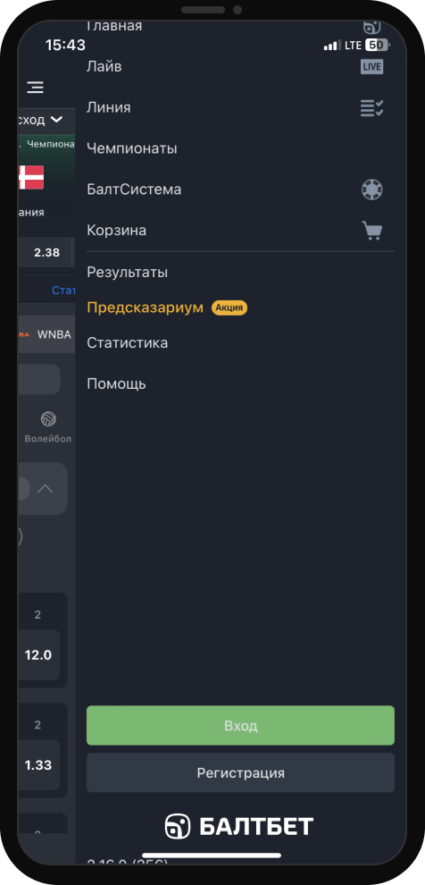 Меню мобильного приложения Балтбет