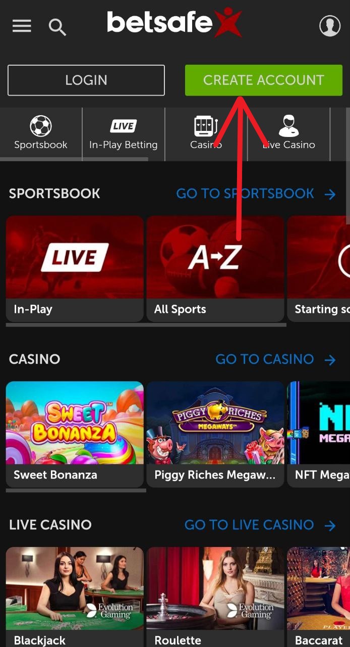 Кнопка создания аккаунта в мобильной версии сайта БК Betsafe