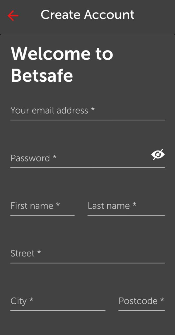 Форма регистрации в приложении БК Betsafe для Андроид