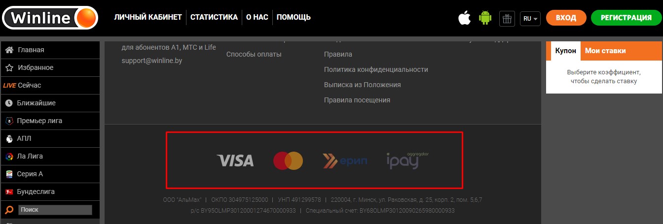 Платежные системы, поддерживаемые БК Winline.by